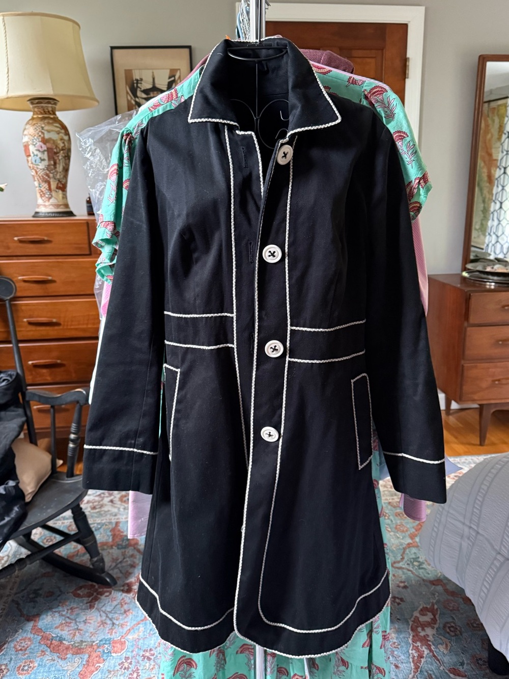 Boden Black Trench Coat with White Contrast Trim